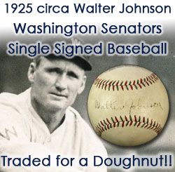 1925 circa Walter Johnson Washington Senators Single Signed Baseball HOF (JSA) Traded for a Doughnut!