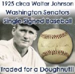 1925 circa Walter Johnson Washington Senators Single Signed Baseball HOF (JSA) Traded for a Doughnut!