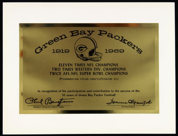 1969 Green Bay Packers 50 Year Anniversary 8" x 10" Certificate of Recognition 