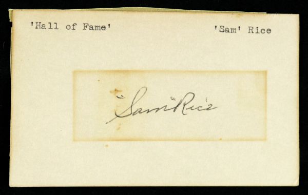 1915-74 Edgar "Sam" Rice Signed Index Card Washington Senators 3" x 5" (JSA)