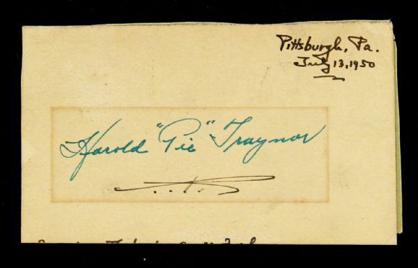 1950 Harold "Pie" Traynor Signed Index Card Pittsburgh Pirates HOF 3" x 5" (JSA)