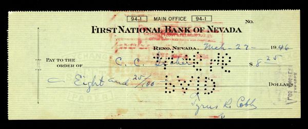 1946 Ty Cobb Detroit Tigers Signed Check HOF (JSA)