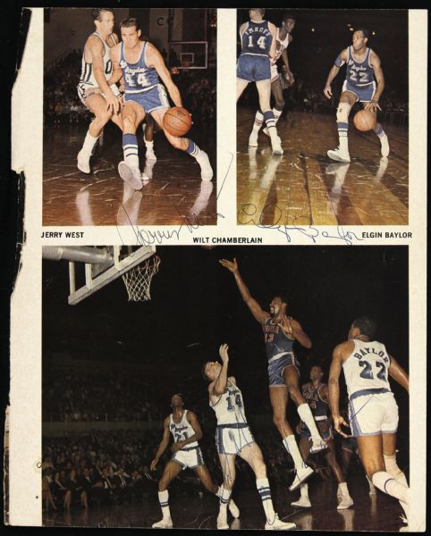 1960s Signed Magazine Photo Wilt Chamberlain Elgin Baylor Jerry West Philadelphia 76ers Los Angeles Lakers HOF (JSA)