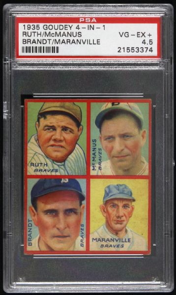1935 Babe Ruth Marty McManus Ed Brandt Rabbit Maranville Boston Braves Goudey 4-in-1 Trading Card (PSA 4.5 VG-EX+) 