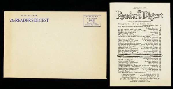 1952 John F. Kennedy Readers Digest "Survival" Reprint Article w/ Original Envelope