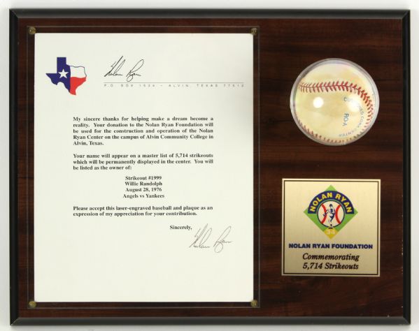 1996 circa Nolan Ryan Foundation 12" x 15" Display w/ Signed Letter & Commemorative OAL Budig Baseball (JSA)