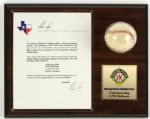 1996 circa Nolan Ryan Foundation 12" x 15" Display w/ Signed Letter & Commemorative OAL Budig Baseball (JSA)