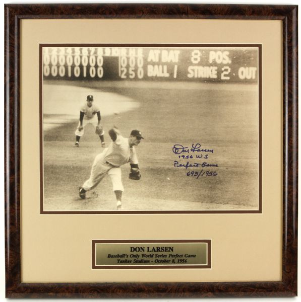 1990s Don Larsen New York Yankees Signed & Inscribed 19" x 19" Framed Display (JSA) 693/1956