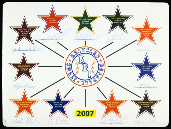 2007 Recycled Baseball Items Multi Signed 9" x 12" Placard w/ 11 Signatures Including Josh Beckett, Huston Street & More (JSA)
