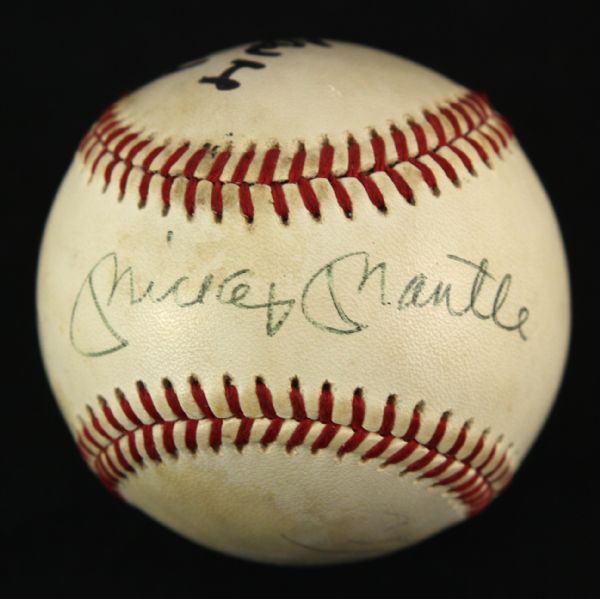 1990s Mickey Mantle Whitey Ford Brett Favre Chris Redman Signed OAL Brown Baseball (JSA)