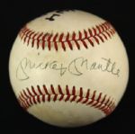 1990s Mickey Mantle Whitey Ford Brett Favre Chris Redman Signed OAL Brown Baseball (JSA)