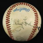 1990's Mickey Mantle Whitey Ford Brett Favre Chris Redman Signed OAL Brown Baseball (JSA)