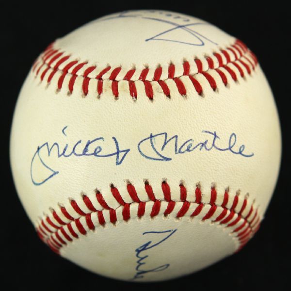 1984-94 Mickey Mantle Willie Mays Duke Snider Signed OAL Brown Baseball (PSA/DNA)
