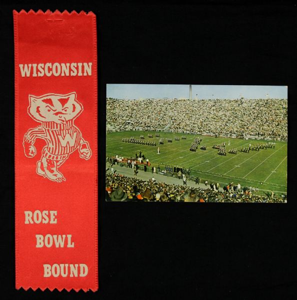 1962-63 University of Wisconsin Rose Bowl Postcard and Ribbon (Lot of 2)