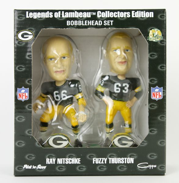 2007 Green Bay Packers Legends of Lambeau Ray Nitschke Fuzzy Thurston Bobbleheads NIB - Set of Two