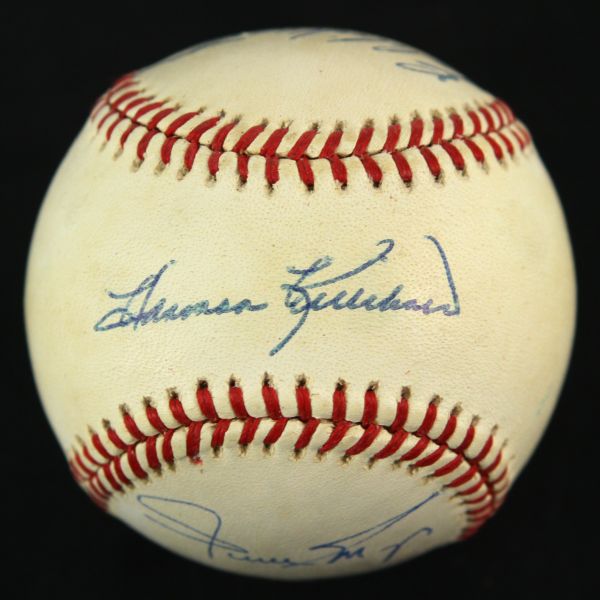 1984-94 500 Home Run Club Signed OAL Brown Baseball w/ 5 Signatures Including Mantle, Mays, Killebrew, Jackson & Mathews (PSA/DNA)