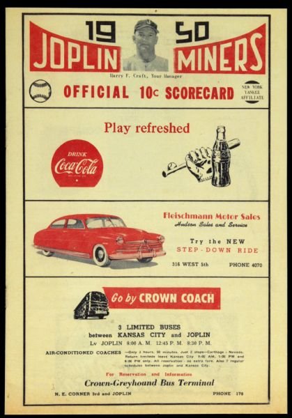 1950 Joplin Miners St. Joseph Cardinals Miners Park Modern Reproduction Scorecard w/ Mickey Mantle at Shortstop