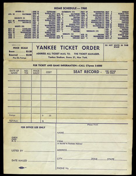 1960 New York Yankees Baseball Ticket Order Form