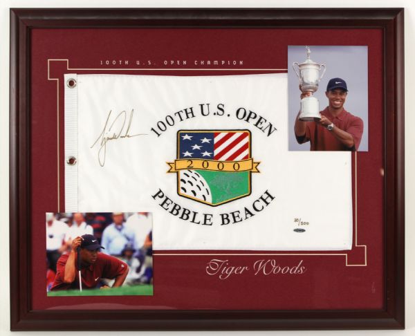 2000 Tiger Woods 25" x 32" Framed Display w/ Signed U.S. Open Flag (Upper Deck COA) 30/500