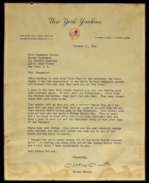 1962 Signed Mickey Mantle Letter New York Yankees Letterhead (JSA)