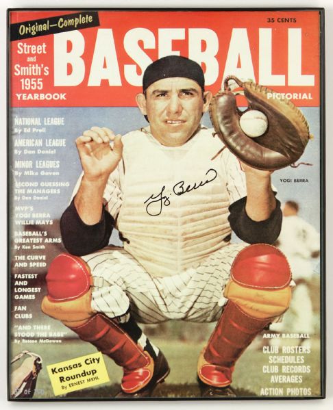 1955 Yogi Berra New York Yankees Signed 9" x 11" Framed Street & Smiths Baseball Yearbook (JSA)