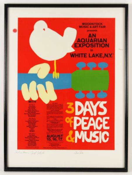 1989 Woodstock 20th Anniversary Poster Signed Grace Slick Richie Havens Arnold Skolnick 23" x 31" 
