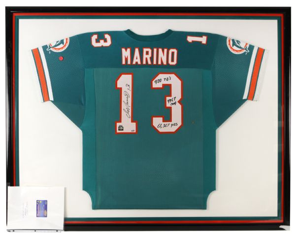 2000s circa Dan Marino Signed Limited Edition Stat Jersey Framed Display 44" x 53" Mounted Memories Miami Dolphins #2/13