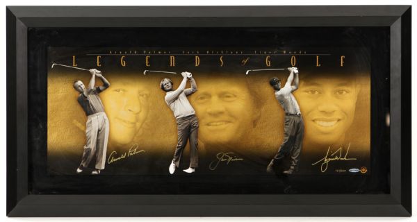 2000s Jack Nicklaus Arnold Palmer Tiger Woods Signed 20" x 38" Framed Legends of Golf Photo (Upper Deck COA) 177/250