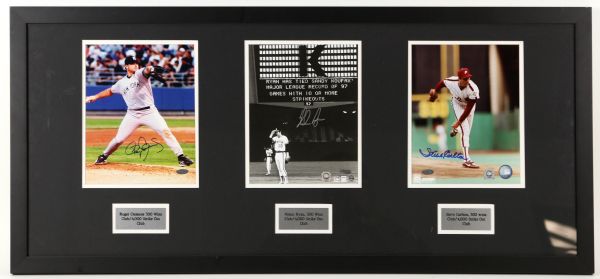 2000s Nolan Ryan Steve Carlton Roger Clemens Signed 19" x 41" Framed 300 Win 4,000 Strikeout Photo Display (Steiner COA)