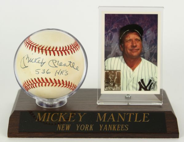 1990s Mickey Mantle Signed Baseball 536 Home Runs and Topps Baseball Card PSA/DNA