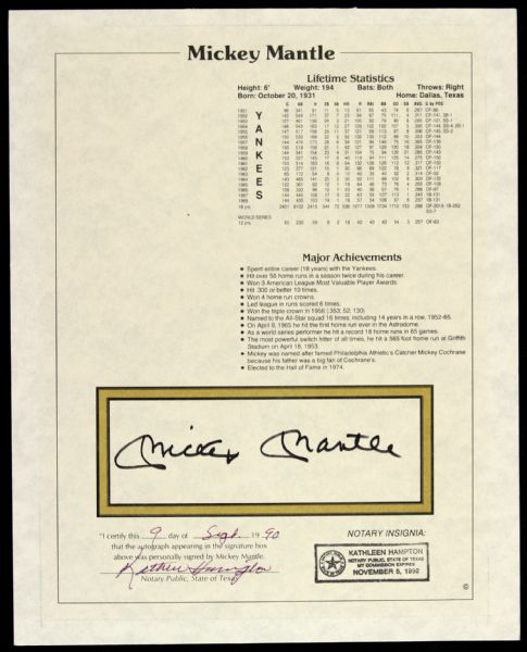 1990 Mickey Mantle New York Yankees Signed Lifetime Statistics & Major Achievements Page (Notarized)