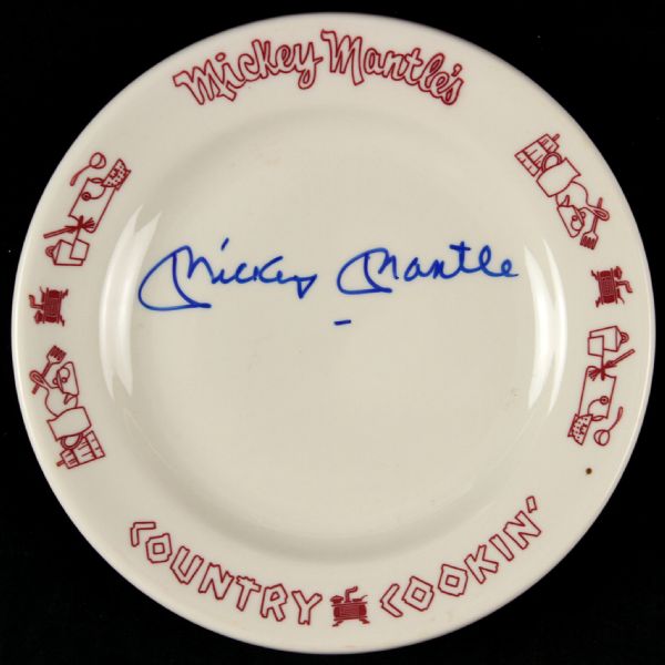 1968 Mickey Mantle New York Yankees Country Kitchen Memorabilia - Lot of 2 w/ Newspaper and Signed Plate (JSA)