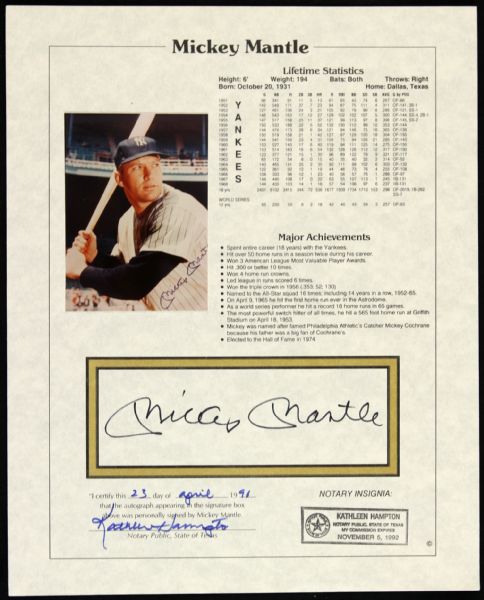 1991 Mickey Mantle Signed Statistical Sheet 8" x 10" New York Yankees (JSA)