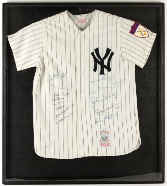 1990s New York Yankees Signed 35" x 40" Framed Mitchell & Ness 1951 Jersey w/ 13 Signatures Including Catfish Hunter, Don Larsen, Dave Righetti & More (JSA)