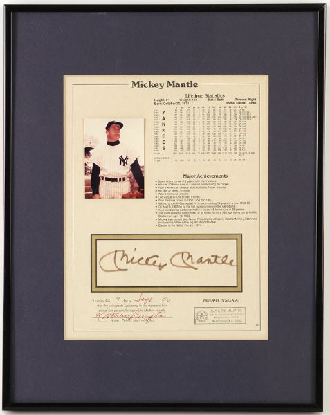 1992 Mickey Mantle Signed Framed Statistical Sheet New York Yankees 8" x 10"