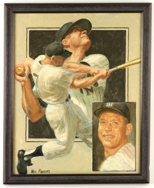 1980s Mickey Mantle New York Yankees 18" x 23" Framed Original William Parsons Art Work