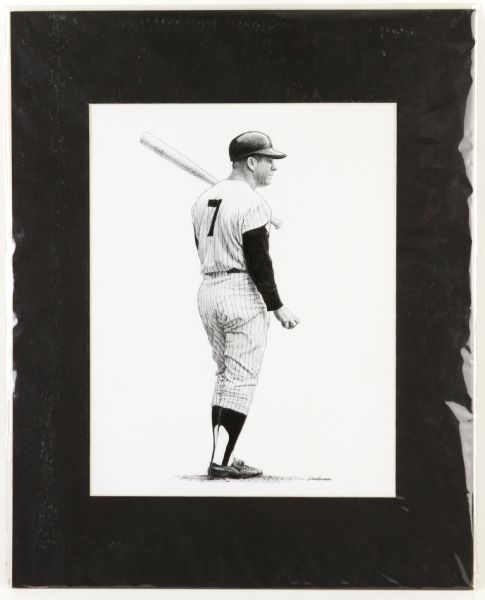 1980s Mickey Mantle New York Yankees 16" x 20" Matted Original Landsman Art Work