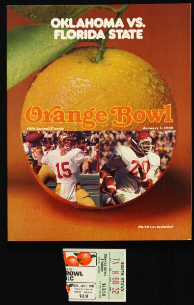 1980 Orange Bowl Oklahoma Sooniers Florida State Seminoles Program & Tickey Stub