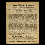 1939 Peter William Appleton Washington Senators Play Ball #149 High Number Baseball Card