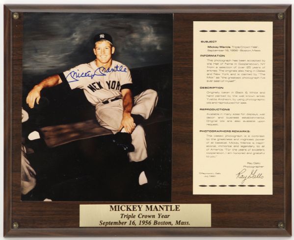1980 Mickey Mantle New York Yankees 12" x 15" Ray Gallo Triple Crown Plaque w/ Signed 8" x 10" Photo (JSA)