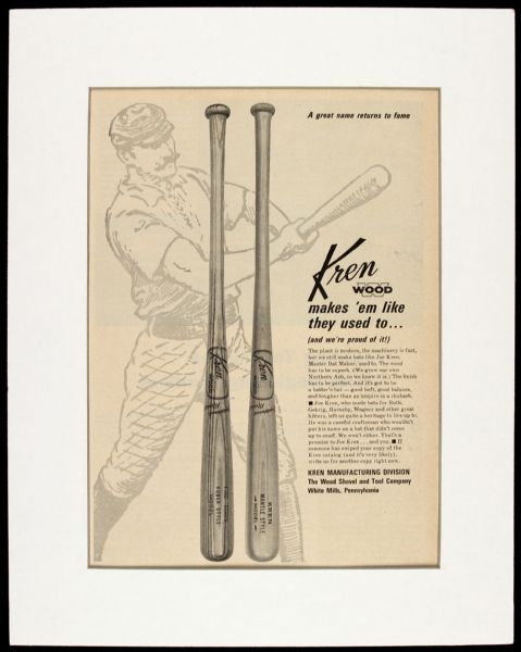 1960s Kren Wood Baseball Bats 11" x 14" Matted Advertisement w/ Mickey Mantle & Tony Kubek Style Bats