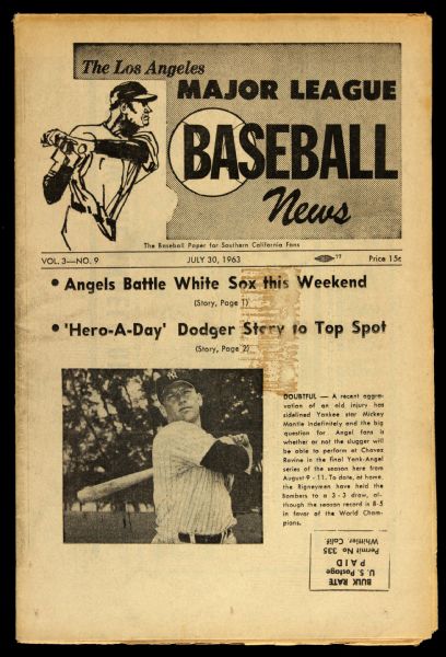 1963 Los Angeles Major League Baseball News w/ Mickey Mantle on Cover 