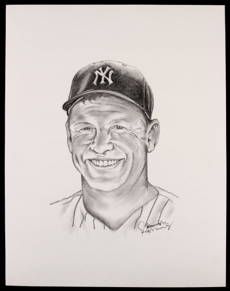 1997 Mickey Mantle Pencil Drawing Signed by Artist George Murray 11" x 14" 