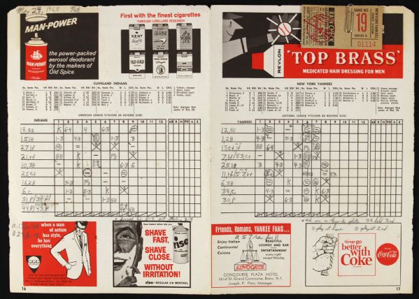 1965 New York Yankees Cleveland Indians Yankee Stadium Scored Scorecard & Rain Check w/ Tresh & Pepitone Homers