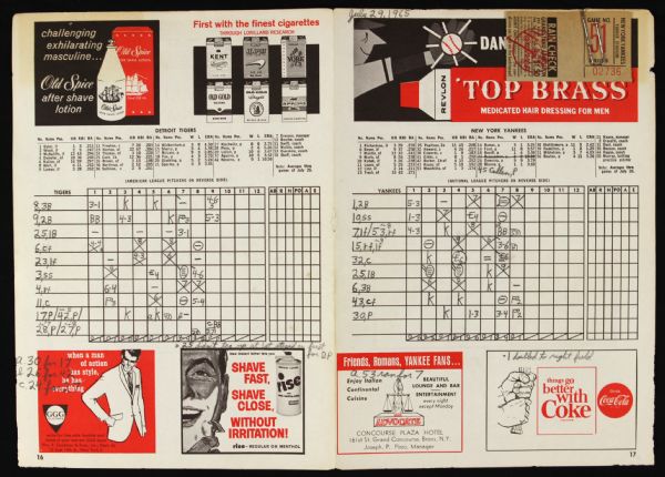 1965 New York Yankees Detroit Tigers Yankee Stadium Scored Scorecard & Rain Check w/ Two Pepitone Home Runs