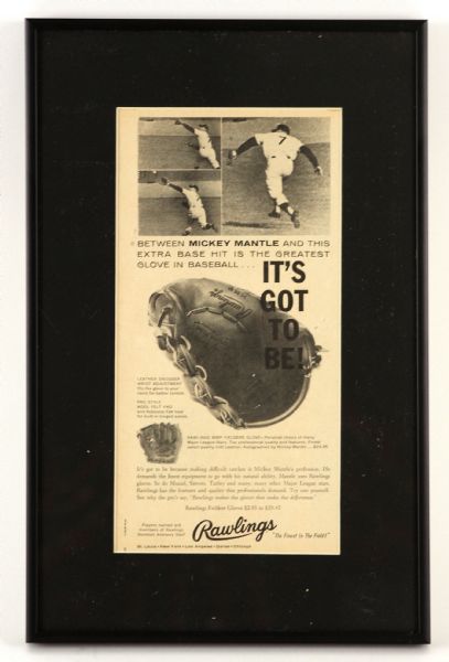 1950s Mickey Mantle Framed Rawlings Glove Advertisment (9 1/2" x 15") 
