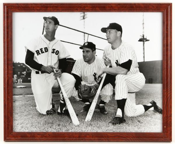 1950s circa Mickey Mantle Ted Williams Yogi Berra Framed B/W Photo 18" x 22"