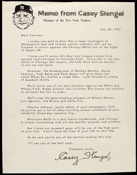 1957 Casey Stengel Letter to Minneapolis Star Tribune Carrier New York Yankees
