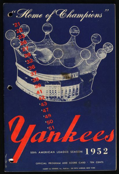 1952 Philadelphia As New York Yankees Scorecard Bobby Shantz 24th Victory (Scored)