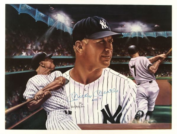 1986 Mickey Mantle New York Yankees Signed & Inscribed "No. 7" 18" x 24" Robert Stephen Simon Lithograph (JSA)